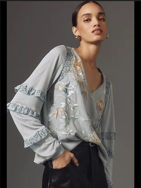 NWT Anthropologie Soft Blue Floral Embroidered V-Neck Blouse.